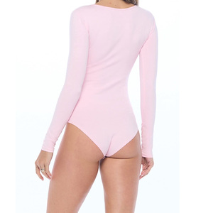 Combinaison moulante pour femme, col rond, manches longues, coton côtelé extensible dans les quatre sens, éco-responsable, service OEM/ODM, couleurs personnalisées - Product Image 2