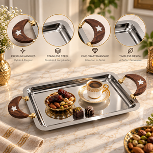 Elegante Bandeja de Servir de Acero Inoxidable con Asa de Madera en Forma de Estrella de Media Luna | Bandeja Rectangular para Té, Aperitivos, Postres, Fiestas y Uso Diario - Product Image 3
