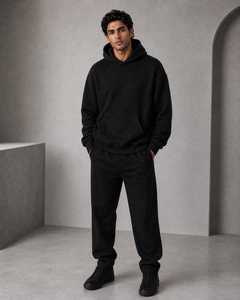 Sweat à capuche en molleton micro-brillant noir pour homme – Pull à capuche décontracté à épaules tombantes et coupe oversize - Product Image 1