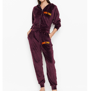 Conjunto de Sudadera y Pantalón de Forro Polar Personalizado para Mujer, de 2 Piezas, con Cremallera Completa, Bolsillos de Encaje, Color Liso, Ropa de Descanso Bordada Personalizada - Product Image 1