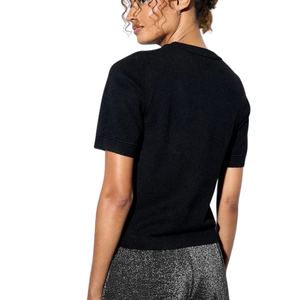 Suéter de punto de manga corta supersuave con lazo de encaje negro para mujer, jersey casual de cuello redondo con diseño de dobladillo acanalado - Product Image 2