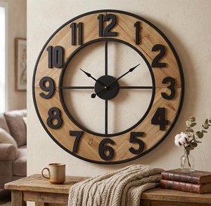 Grande horloge murale rustique style ferme – Bois et métal noir, décoration industrielle bohème pour salon - Product Image 5
