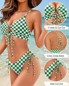 Conjunto de bikini a cuadros verde y blanco para mujer, con cuello halter cruzado y lazo frontal, traje de baño de dos piezas con lazo lateral y parte inferior elástica - Product Image 3