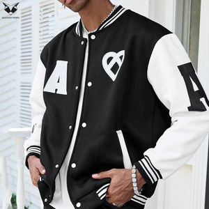 Customized Logo <b>Men</b> Varsity <b>Jacket</b> Black <b>White</b> Patchwork Streetwear Bomber <b>Jacket</b> Custom Branding Minimalist Baseball Coat - Product Image 1
