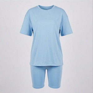 Conjunto de 2 Piezas para Mujer, Camiseta de Manga Corta Azul Claro y Pantalones Cortos por Encima de la Rodilla, Estilo Casual, Holgado, Tejido de Algodón y Elastano, Primavera, Talla S - Product Image 1