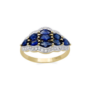 Bague en or jaune 14 carats avec saphir bleu naturel et grappe de diamants pour femme |   Bijoux fins de coupe marquise, vente en gros, OEM, ODM - Product Image 1
