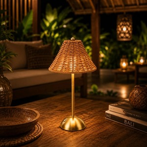 <b>Rattan</b> Shade <b>Table</b> Lamp For <b>Bedside</b> Reading Light Handmade Woven Night Lamp Living Room Bedroom Cozy Ambient Lighting Decor - Product Image 4