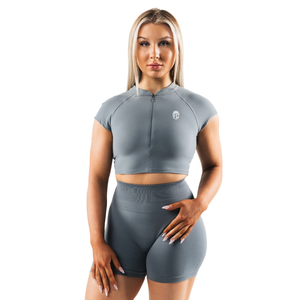 Top Deportivo Corto para Mujer, Color Gris, con Cierre Frontal y Manga Corta, Sin Costuras, Elástico, para Yoga, Gimnasio, Fitness y Entrenamiento - Product Image 1