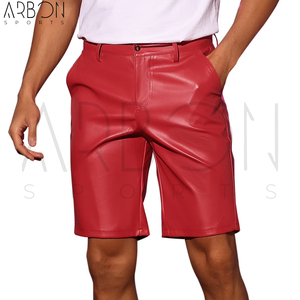 Pantalones cortos de cuero genuino de estilo hip hop personalizados, color rojo, acabado mate clásico, estilo casual urbano, hasta la rodilla, para venta al por mayor. - Product Image 4