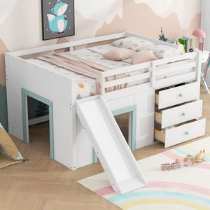 Letto a soppalco basso bianco a una piazza e mezza con scivolo, tre cassetti portaoggetti e due ante - Letti per bambini - Product Image 1