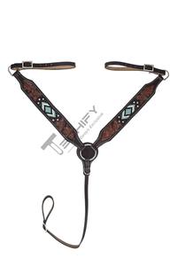 Ensemble de têtière et de collier de poitrine pour cheval de style western haut de gamme, en cuir ciselé à la main avec incrustation de turquoise, équipement équestre - Product Image 3