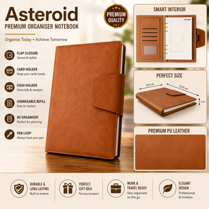 Premium PU Leather Hard Cover Organizer <b>Notebook</b> B5 Journal <b>Planner</b> Saddle Stitching Flap Closure Pen Loop Card Holder 192 Pages - Product Image 6