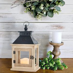 Farol de Madera Estilo Rústico para Decoración del Hogar, con Techo Metálico, para Mesa - Product Image 3