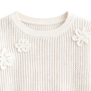 Pull-over blanc en tricot pour femme, manches 3/4, col rond, coupe décontractée, été, viscose/coton, tricoté à la main, motif floral, anti-rétrécissement - Product Image 4