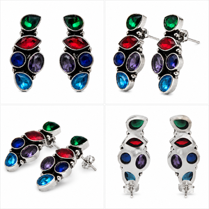 Wholesale Antique <b>Silver</b>-Plated Bulk Supplier Multi Stone Bezel Setting <b>Stud</b> <b>Earrings</b> Women Direct Factory Manufacturer ARTS - Product Image 2