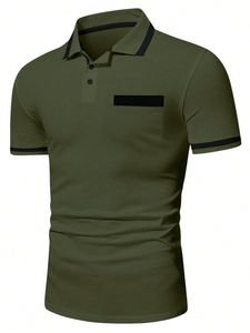 Chemise formelle homme en coton vert olive à manches courtes, boutonnée, en maille polaire brodée unie, 220 grammes, anti-plis, avec poche poitrine - Product Image 4