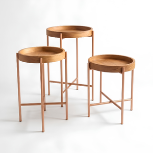 Tables d'appoint modernes en bois avec pieds en métal, disponibles en trois tailles, design empilable pour une utilisation en extérieur, style minimaliste, ensemble de meubles de jardin - Product Image 2