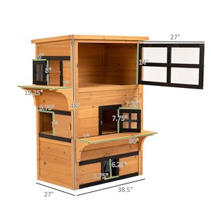 Casa per gatti a 3 livelli gialla con porta di fuga e piattaforma di salto all'aperto condominio per gattini con pavimento rialzato e tetto in asfalto - Product Image 3