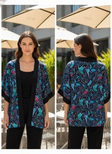 Elegante Blusa Kimono de Rayón para Mujer, Manga Corta, Estampado Floral Geométrico Vintage, Informal, Tejida, Ecológica, Transpirable, Verano - Product Image 6