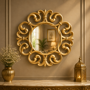 Handcrafted Fleur Scroll Wooden Carving Wall <b>Mirror</b> Antique <b>Gold</b> Finish Handcrafted Luxury Decorative Round Accent <b>Mirror</b> - Product Image 1