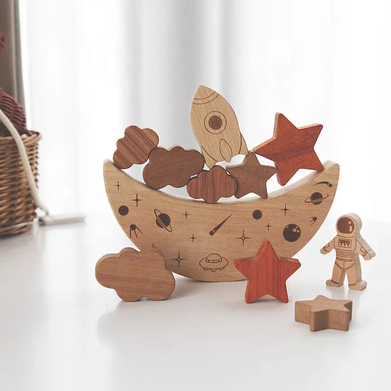 Jogo de brinquedos Montessori, móveis de madeira com equilíbrio de ar, brinquedo artesanal espacial para crianças.