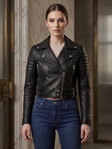 <b>Womens</b> Black Cropped Lambskin <b>Leather</b> <b>Moto</b> <b>Jacket</b> Quilted Shoulders Asymmetrical Zip - Product Image 1