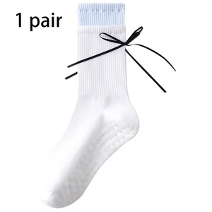 Chaussettes blanches à nœud pour femme, en coton respirant, pour usage quotidien, style classique, tricotées, couleur unie, saison printemps - Product Image 3