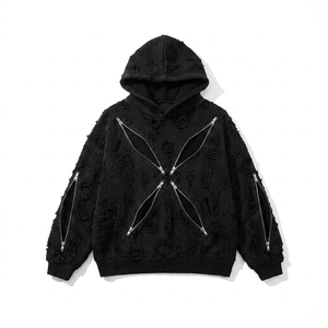 Sudadera con capucha extragrande de punto desgastado 100% algodón para hombre, con cremallera en la manga y bolsillo lateral, estilo casual urbano - Product Image 5