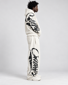 Men's Winter <b>White</b> Hooded Tracksuit Full Length Cotton Streetwear Set Black Print Logo Sleeve Leg Loose Fit <b>Sweatshirt</b> Pants - Product Image 4