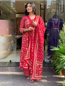 Women's Red Cotton A-Line Traditional Ankle-Length <b>Kurti</b> with Pant & Dupatta Floral Print Loose Fit India Pakistan Style Diwali - Product Image 5