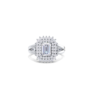 Anillo de compromiso de lujo con doble halo de diamantes de corte esmeralda de 1.45 quilates en oro amarillo, blanco y rosa de 14 quilates. |   Anillo de Aniversario para Mujer - Product Image 1