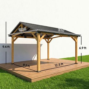 Gazebo con Tetto Rigido 13 X 11 Nero Grigio, Tetto in Metallo Zincato e Telaio in Legno di Abete con Gancio Centrale per Patio e Giardino - Product Image 3