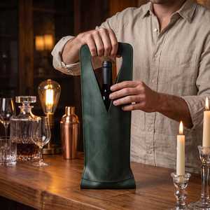 Porte-bouteille de vin en cuir véritable de qualité supérieure, sac de transport de luxe pour une bouteille, présentoir de bureau, cadeau LEB-0071 - Product Image 5