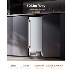 "50 Lbs/Day Stainless Steel Freestanding Undercounter <b>Ice</b> <b>Maker</b> Machine with Reversible Door and Cube <b>Ice</b> Shape" - Product Image 2