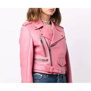 Chaqueta de cuero genuino de piel de oveja de doble botonadura con cremallera brillante, elegante y personalizada para invierno, para mujer. - Product Image 6
