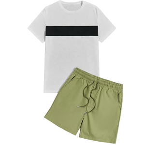 Ensemble T-shirt et short décontracté pour homme, été, blanc, en coton tricoté, col rond, couleur unie, short beige, taille élastique, avec poches - Product Image 2