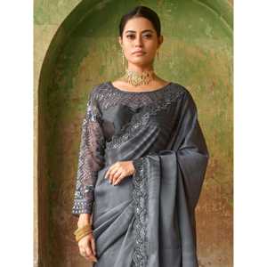 Astonishing Grey Embroidered <b>Satin</b> Party Wear Women's Set Including <b>Saree</b> with Blouse - Product Image 4
