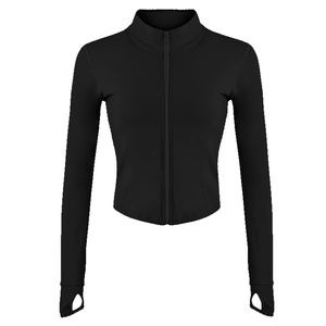 Women's Black Full Sleeve Stand Collar Zipper Crop <b>Top</b> Spandex Polyester Yoga Wear Seamless Breathable Skinny Fit Sportswear - Product Image 6