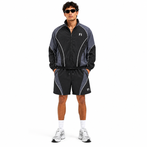 Survêtement de jogging en nylon réfléchissant personnalisé avec logo OEM, coupe-vent pour homme, ensembles en nylon avec bandes blanches, vestes pour homme - Product Image 1