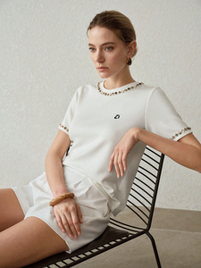 Trendy Round Neck Embellished Short Sleeve <b>Top</b> Women's Shirts Custom Logo <b>Beaded</b> Trim Elegant Luxury Summer Clothing Fashion <b>Top</b> - Product Image 4