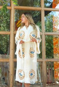 Kimono largo de algodón crepé con bordado de ojo, estilo bohemio, para mujer, albornoz envolvente, abrigo de casa, moda étnica bohemia vintage, el mejor. - Product Image 3