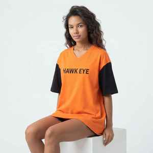 <b>Women's</b> <b>Orange</b> V-Neck Oversized T-Shirt Short Sleeve Cotton Jersey Loose Fit Logo Print Spring Summer Casual <b>Top</b> - Product Image 4