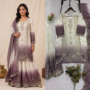 Women Traditional Indian Pakistani Printed <b>Star</b> Georgette Silk Wedding <b>Dress</b> Set Regular Length Purple White Embroidered Ombre - Product Image 3