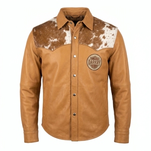 Chemise de cowboy sur mesure en cuir de vachette pleine fleur pour homme, style western, marron clair, avec boutons-pression, vêtement d'extérieur type ranch - Product Image 1