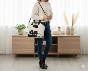 Sac fourre-tout d'été haut de gamme en cuir véritable avec poils, sac à main de luxe en cuir de vachette pour femme, fermeture ouverte LHTB-0124 - Product Image 4