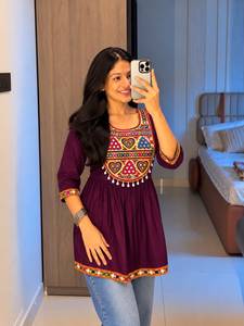 Leranath Fashion Black <b>Embroidered</b> Indian Pakistani Women's <b>Tunic</b> 3/4 Sleeve Ethnic Style Navratri Special Gamthi Work Rayon - Product Image 3