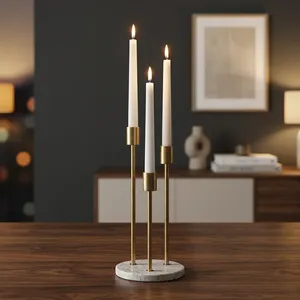 Modern Marble Base Candle Holder Set of 3 Minimalist Gold Finish Taper Candles for Dining <b>Table</b> Home Decor - Product Image 5