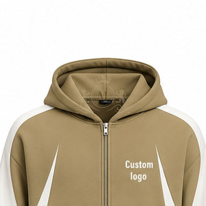 Custom Logo Khaki White Color Blocking Tracksuit 100% Set Full <b>Zip</b> <b>Hooded</b> 450 Gsm Sweatshirt Pants - Product Image 2