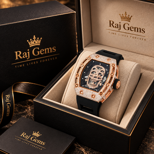 Montre mécanique Raj Gems Tourbillon Iced Skull en acier inoxydable, bracelet en caoutchouc noir de 20 mm, cadran en cristal saphir, 42 mm - Product Image 1