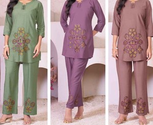 Women's Purple Embroidered Cotton Kurta <b>Set</b> Three Quarter Sleeve Loose Fit Floral Handwork Casual Wear Spring Summer - Product Image 5